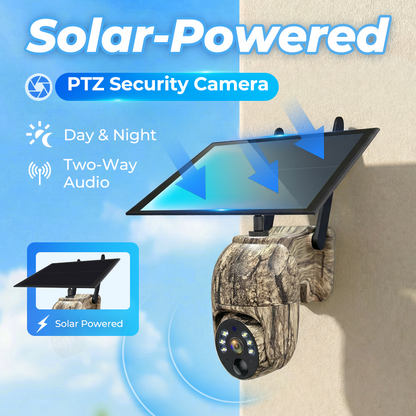 ⚡ 4MP Solar PTZ Camera – 355° pan & tilt, eliminates blind spots. 🌧️