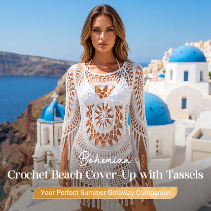 🌊 Bohemian Crochet Beach Cover-Up with Tassels – Breathable, flowy & boho chic – perfect for poolside, sand or summer vacations – adjustable fit 🧶