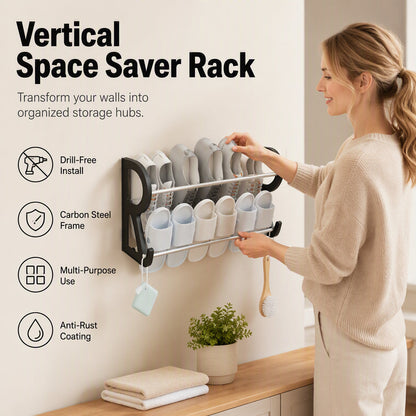 Drill‑Free Wall‑Mounted Shoe Rack‑Vertical Space‑Saver Carbon Steel Shoe Organizer, Anti‑Rust No‑Drill Storage Rack for Entryway Bathroom & Closet