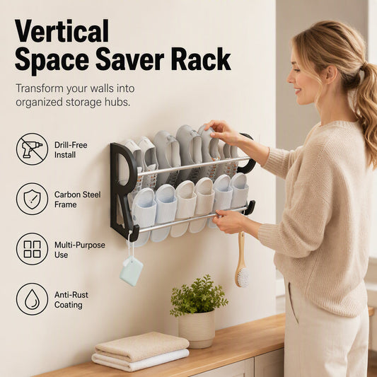 Drill‑Free Wall‑Mounted Shoe Rack‑Vertical Space‑Saver Carbon Steel Shoe Organizer, Anti‑Rust No‑Drill Storage Rack for Entryway Bathroom & Closet